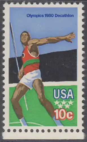 USA Michel 1395 / Scott 1790 postfrisch EINZELMARKE RAND unten - Olympische Sommerspiele 1980, Moskau: Zehnkampf, Speerwurf
