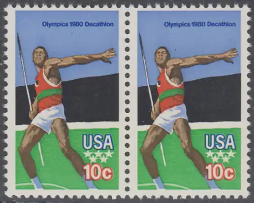 USA Michel 1395 / Scott 1790 postfrisch horiz.PAAR - Olympische Sommerspiele 1980, Moskau: Zehnkampf, Speerwurf