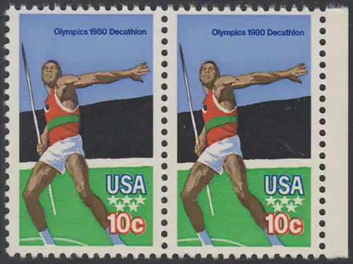 USA Michel 1395 / Scott 1790 postfrisch horiz.PAAR RAND rechts - Olympische Sommerspiele 1980, Moskau: Zehnkampf, Speerwurf