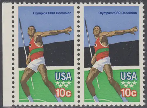 USA Michel 1395 / Scott 1790 postfrisch horiz.PAAR RAND links - Olympische Sommerspiele 1980, Moskau: Zehnkampf, Speerwurf