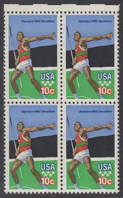 USA Michel 1395 / Scott 1790 postfrisch BLOCK RÄNDER oben - Olympische Sommerspiele 1980, Moskau: Zehnkampf, Speerwurf