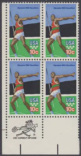 USA Michel 1395 / Scott 1790 postfrisch ZIP-BLOCK (ll) - Olympische Sommerspiele 1980, Moskau: Zehnkampf, Speerwurf