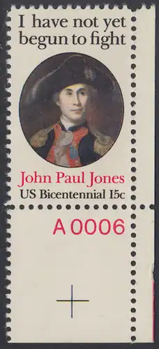 USA Michel 1397 / Scott 1789 postfrisch EINZELMARKE ECKRAND unten rechts m/ Platten-# A0006 - John Paul Jones (1747-1792), Held der Amerikanischen Revolution