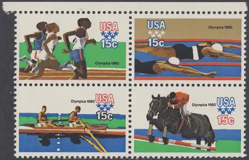 USA Michel 1398-1401 / Scott 1791-1794 postfrisch BLOCK RÄNDER oben - Olympische Sommerspiele 1980, Moskau