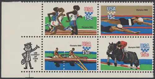 USA Michel 1398-1401 / Scott 1791-1794 postfrisch ZIP-BLOCK (ll) - Olympische Sommerspiele 1980, Moskau