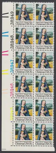 USA Michel 1402 / Scott 1799 postfrisch vert.PLATEBLOCK(12) ECKRAND unten links m/ Platten-# 38944 - Weihnachten: Madonna mit Kind