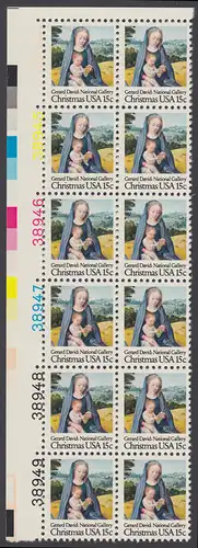 USA Michel 1402 / Scott 1799 postfrisch vert.PLATEBLOCK(12) ECKRAND oben links m/ Platten-# 38944 - Weihnachten: Madonna mit Kind