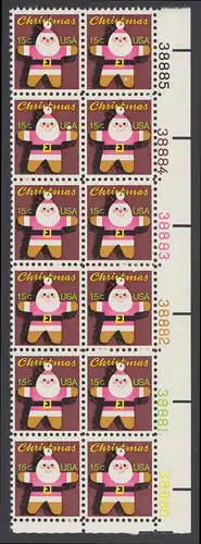 USA Michel 1403 / Scott 1800 postfrisch vert.PLATEBLOCK(12) ECKRAND unten rechts m/ Platten-# 38880 - Weihnachten: Santa Claus 