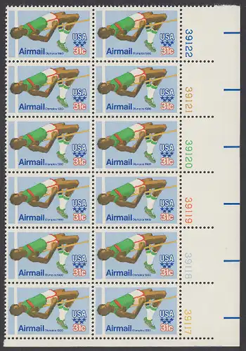 USA Michel 1405 / Scott C097 postfrisch vert.PLATEBLOCK(12) ECKRAND unten rechts m/ Platten-# 39117 (a) - Olympische Sommerspiele 1980, Moskau; Hochsprung