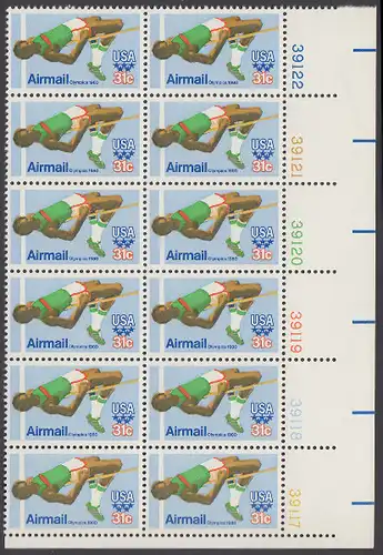USA Michel 1405 / Scott C097 postfrisch vert.PLATEBLOCK(12) ECKRAND unten rechts m/ Platten-# 39117 (b) - Olympische Sommerspiele 1980, Moskau; Hochsprung