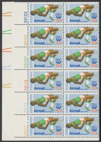 USA Michel 1405 / Scott C097 postfrisch vert.PLATEBLOCK(12) ECKRAND unten links m/ Platten-# 39117 - Olympische Sommerspiele 1980, Moskau; Hochsprung