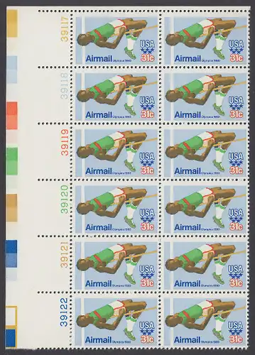 USA Michel 1405 / Scott C097 postfrisch vert.PLATEBLOCK(12) ECKRAND oben links m/ Platten-# 39117 (a) - Olympische Sommerspiele 1980, Moskau; Hochsprung