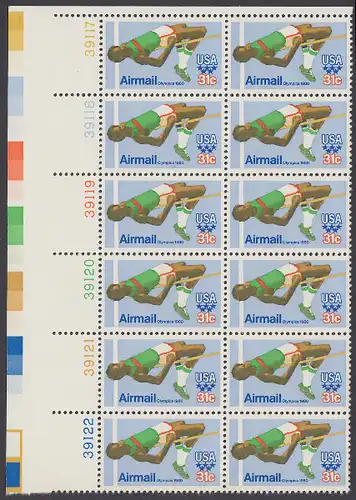USA Michel 1405 / Scott C097 postfrisch vert.PLATEBLOCK(12) ECKRAND oben links m/ Platten-# 39117 (c) - Olympische Sommerspiele 1980, Moskau; Hochsprung