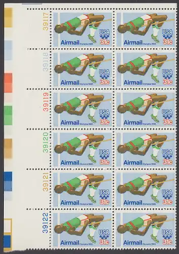 USA Michel 1405 / Scott C097 postfrisch vert.PLATEBLOCK(12) ECKRAND oben links m/ Platten-# 39117 (b) - Olympische Sommerspiele 1980, Moskau; Hochsprung