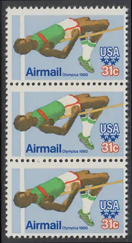 USA Michel 1405 / Scott C097 postfrisch vert.STRIP(3) - Olympische Sommerspiele 1980, Moskau; Hochsprung