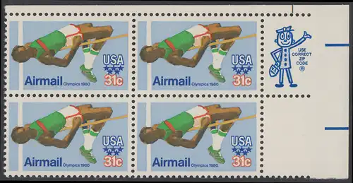 USA Michel 1405 / Scott C097 postfrisch ZIP-BLOCK (ur/a2) - Olympische Sommerspiele 1980, Moskau; Hochsprung