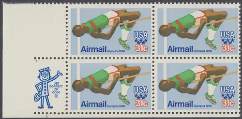 USA Michel 1405 / Scott C097 postfrisch ZIP-BLOCK (ll/a3) - Olympische Sommerspiele 1980, Moskau; Hochsprung