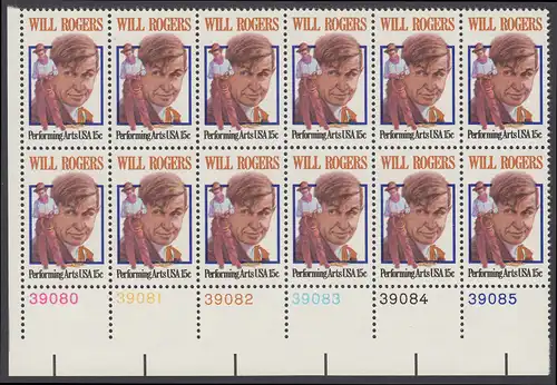 USA Michel 1406 / Scott 1801 postfrisch horiz.PLATEBLOCK(12) ECKRAND unten links m/ Platten-# 39080 - Darstellende Künste und Künstler: Will Rogers; Wild-West-Show-Star