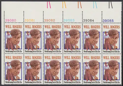 USA Michel 1406 / Scott 1801 postfrisch horiz.PLATEBLOCK(12) ECKRAND oben links m/ Platten-# 39080 - Darstellende Künste und Künstler: Will Rogers; Wild-West-Show-Star