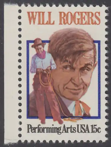 USA Michel 1406 / Scott 1801 postfrisch EINZELMARKE RAND links - Darstellende Künste und Künstler: Will Rogers; Wild-West-Show-Star