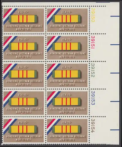 USA Michel 1407 / Scott 1802 postfrisch vert.PLATEBLOCK(10) ECKRAND oben rechts m/ Platten-# 39150 - Vietnam-Veteranen-Ehrung: Ordensspange