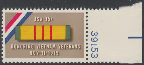 USA Michel 1407 / Scott 1802 postfrisch EINZELMARKE RAND rechts m/ Platten-# 39143 - Vietnam-Veteranen-Ehrung: Ordensspange