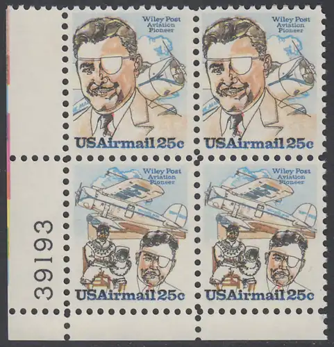 USA Michel 1408-1409 / Scott C095-C096 postfrisch PLATEBLOCK ECKRAND unten linkss m/ Platten-# 39193 - Wiley Post, Flugpionier