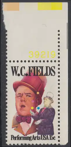 USA Michel 1410 / Scott 1803 postfrisch EINZELMARKE ECKRAND oben rechts m/ Platten-# 39219 - Darstellende Künste und Künstler: W. C. Fields; Schauspieler und Artist, als Jongleur