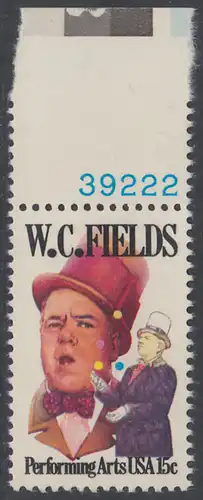USA Michel 1410 / Scott 1803 postfrisch EINZELMARKE RAND oben m/ Platten-# 39222 - Darstellende Künste und Künstler: W. C. Fields; Schauspieler und Artist, als Jongleur