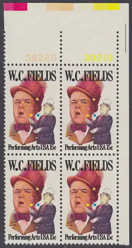 USA Michel 1410 / Scott 1803 postfrisch BLOCK ECKRAND oben rechts m/ Platten-# 38219 - Darstellende Künste und Künstler: W. C. Fields; Schauspieler und Artist, als Jongleur