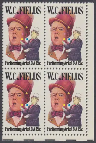 USA Michel 1410 / Scott 1803 postfrisch BLOCK ECKRAND unten rechts - Darstellende Künste und Künstler: W. C. Fields; Schauspieler und Artist, als Jongleur