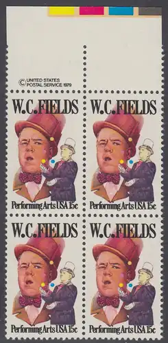 USA Michel 1410 / Scott 1803 postfrisch BLOCK RÄNDER oben m/ copyright symbol - Darstellende Künste und Künstler: W. C. Fields; Schauspieler und Artist, als Jongleur