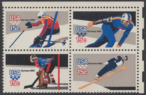USA Michel 1411-1414 / Scott 1795-1798 postfrisch BLOCK ECKRAND oben rechts - Olympische Winterspiele, Lake Placid, NY