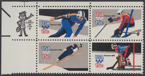 USA Michel 1411-1414 / Scott 1795-1798 postfrisch ZIP-BLOCK (ul) - Olympische Winterspiele, Lake Placid, NY