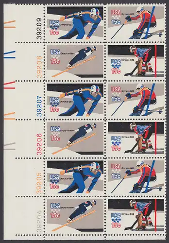 USA Michel 1411-1414 / Scott 1795-1798 postfrisch vert.PLATEBLOCK(12) ECKRAND unten links m/ Platten-# 39204 (a) - Olympische Winterspiele, Lake Placid, NY