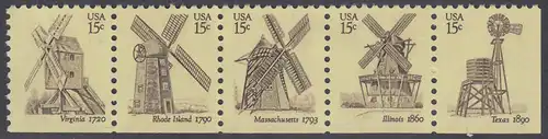 USA Michel 1415-1419 / Scott 1738-1742 postfrisch horiz.STRIP(5) (unten ungezähnt) - Amerikanische Windmühlen