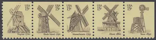 USA Michel 1415-1419 / Scott 1738-1742 postfrisch horiz.STRIP(5) (oben ungezähnt) - Amerikanische Windmühlen