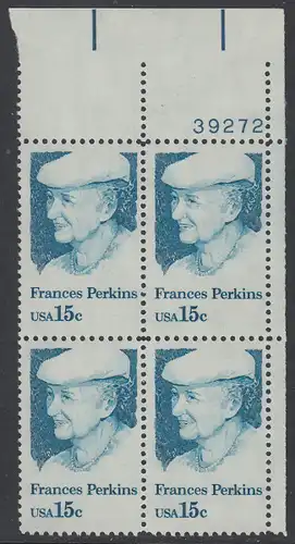 USA Michel 1427 / Scott 1821 postfrisch PLATEBLOCK ECKRAND oben rechts m/ Platten-# 39272 (a) - Frances Perkins, erstes weibliches Regierungsmitglied