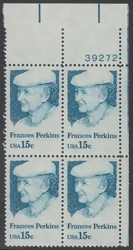 USA Michel 1427 / Scott 1821 postfrisch PLATEBLOCK ECKRAND oben rechts m/ Platten-# 39272 (b) - Frances Perkins, erstes weibliches Regierungsmitglied