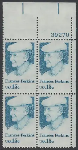 USA Michel 1427 / Scott 1821 postfrisch PLATEBLOCK ECKRAND oben rechts m/ Platten-# 39270 - Frances Perkins, erstes weibliches Regierungsmitglied