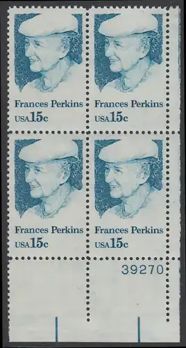 USA Michel 1427 / Scott 1821 postfrisch PLATEBLOCK ECKRAND unten rechts m/ Platten-# 39270 - Frances Perkins, erstes weibliches Regierungsmitglied