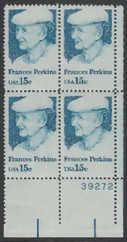 USA Michel 1427 / Scott 1821 postfrisch PLATEBLOCK ECKRAND unten rechts m/ Platten-# 39272 - Frances Perkins, erstes weibliches Regierungsmitglied