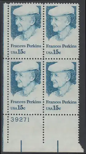 USA Michel 1427 / Scott 1821 postfrisch PLATEBLOCK ECKRAND unten links m/ Platten-# 39271 - Frances Perkins, erstes weibliches Regierungsmitglied