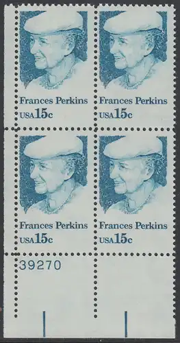 USA Michel 1427 / Scott 1821 postfrisch PLATEBLOCK ECKRAND unten links m/ Platten-# 39270 - Frances Perkins, erstes weibliches Regierungsmitglied