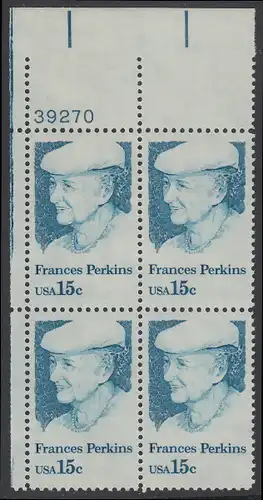 USA Michel 1427 / Scott 1821 postfrisch PLATEBLOCK ECKRAND oben links m/ Platten-# 39270 - Frances Perkins, erstes weibliches Regierungsmitglied