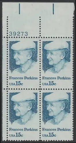 USA Michel 1427 / Scott 1821 postfrisch PLATEBLOCK ECKRAND oben links m/ Platten-# 39273 (b) - Frances Perkins, erstes weibliches Regierungsmitglied