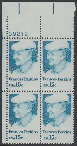 USA Michel 1427 / Scott 1821 postfrisch PLATEBLOCK ECKRAND oben links m/ Platten-# 39272 (b) - Frances Perkins, erstes weibliches Regierungsmitglied