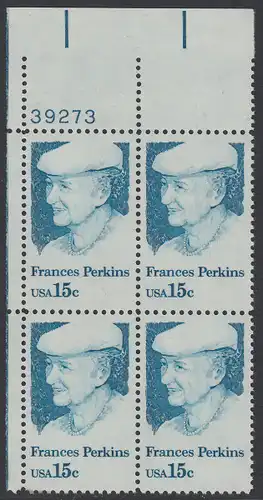 USA Michel 1427 / Scott 1821 postfrisch PLATEBLOCK ECKRAND oben links m/ Platten-# 39273 (a) - Frances Perkins, erstes weibliches Regierungsmitglied