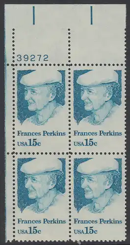 USA Michel 1427 / Scott 1821 postfrisch PLATEBLOCK ECKRAND oben links m/ Platten-# 39272 (a) - Frances Perkins, erstes weibliches Regierungsmitglied