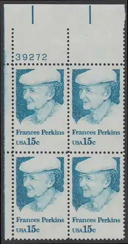 USA Michel 1427 / Scott 1821 postfrisch PLATEBLOCK ECKRAND oben links m/ Platten-# 39272 (c) - Frances Perkins, erstes weibliches Regierungsmitglied